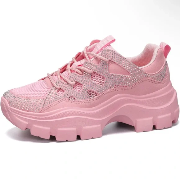 Women Chunky Platform rhinestone Casual Lace-Up Walking Sneakers